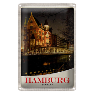 Blechschild Reise 20x30cm Hamburg Deutschland Brücke Kirche