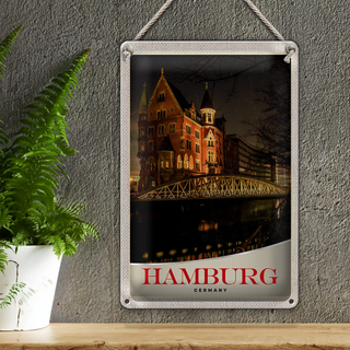 Blechschild Reise 20x30cm Hamburg Deutschland Brücke Kirche