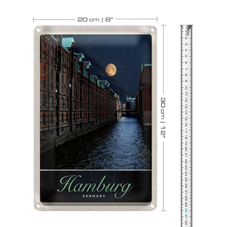 Blechschild Reise 20x30cm Hamburg Deutschland Fluss Nacht Trip