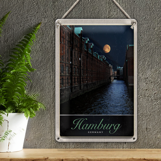 Blechschild Reise 20x30cm Hamburg Deutschland Fluss Nacht Trip