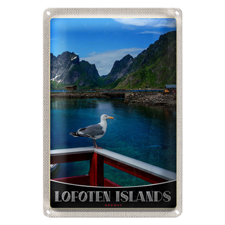 Blechschild Reise 20x30cm Lofoten Island Norwegen Fluss Häuschen