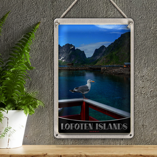Blechschild Reise 20x30cm Lofoten Island Norwegen Fluss Häuschen