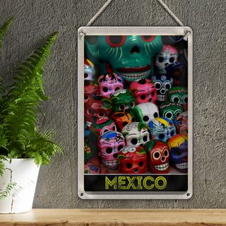 Blechschild Reise 20x30cm Mexiko Amerika USA bunte Totenköpfe