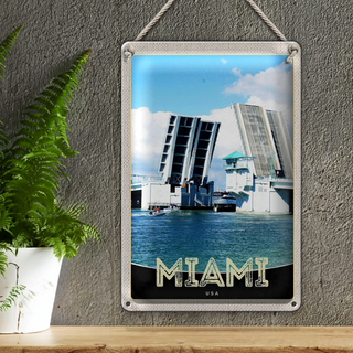 Blechschild Reise 20x30cm Miami Amerika USA Brücke Schiffe Meer