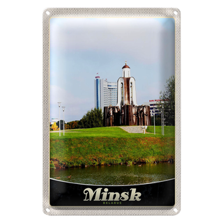 Blechschild Reise 20x30cm Minsk Belarus Fluss Skulptur Urlaub