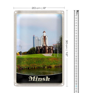 Blechschild Reise 20x30cm Minsk Belarus Fluss Skulptur Urlaub