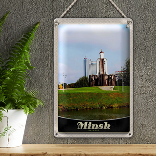 Blechschild Reise 20x30cm Minsk Belarus Fluss Skulptur Urlaub