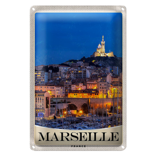 Blechschild Reise 20x30cm Marseille Frankreich Kirche Nacht