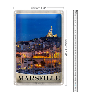 Blechschild Reise 20x30cm Marseille Frankreich Kirche Nacht