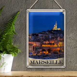 Blechschild Reise 20x30cm Marseille Frankreich Kirche Nacht