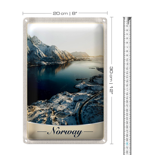 Blechschild Reise 20x30cm Norwegen Winterzeit Schnee Meer Urlaub