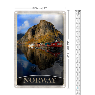 Blechschild Reise 20x30cm Norwegen Europa See Häuser Boote Trip
