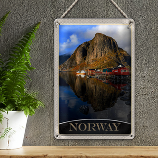 Blechschild Reise 20x30cm Norwegen Europa See Häuser Boote Trip