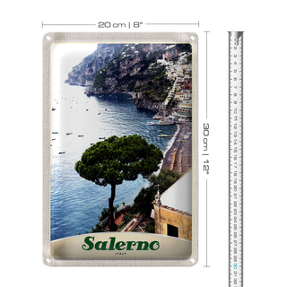 Blechschild Reise 20x30cm Salerno Italien Meer Strand Sonne Boot