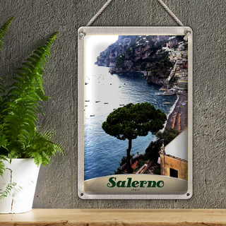 Blechschild Reise 20x30cm Salerno Italien Meer Strand Sonne Boot
