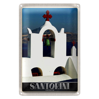 Blechschild Reise 20x30cm Santorini Innsel Meer Kreuz Kirche