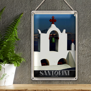 Blechschild Reise 20x30cm Santorini Innsel Meer Kreuz Kirche
