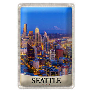 Blechschild Reise 20x30cm Seattle USA Amerika Stadt Abend Urlaub