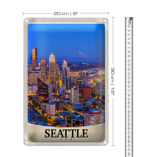 Blechschild Reise 20x30cm Seattle USA Amerika Stadt Abend Urlaub