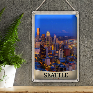 Blechschild Reise 20x30cm Seattle USA Amerika Stadt Abend Urlaub