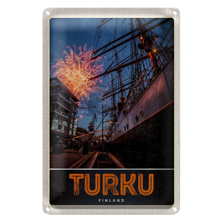 Blechschild Reise 20x30cm Turku Finnland Schiff Feuerwerk Urlaub
