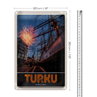 Blechschild Reise 20x30cm Turku Finnland Schiff Feuerwerk Urlaub