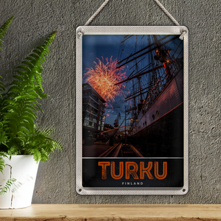 Blechschild Reise 20x30cm Turku Finnland Schiff Feuerwerk Urlaub