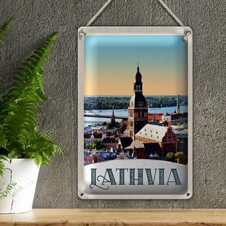Blechschild Reise 20x30cm Lathvia Ausblick auf Stadt Brücke