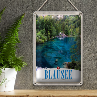 Blechschild Reise 20x30cm Blausee Schweiz Natur Wald Gebirge