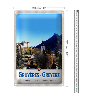 Blechschild Reise 20x30cm Gruyeres Greyerz Schweiz Winterzeit