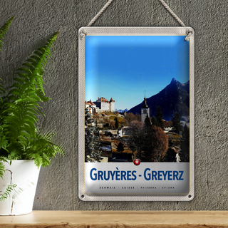 Blechschild Reise 20x30cm Gruyeres Greyerz Schweiz Winterzeit