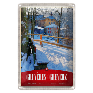 Blechschild Reise 20x30cm Gruyeres Greyerz Schweiz Schnee Urlaub