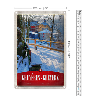 Blechschild Reise 20x30cm Gruyeres Greyerz Schweiz Schnee Urlaub