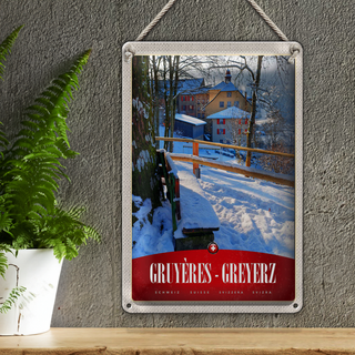 Blechschild Reise 20x30cm Gruyeres Greyerz Schweiz Schnee Urlaub
