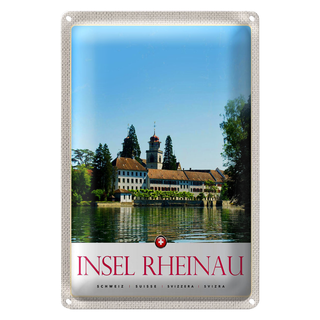 Blechschild Reise 20x30cm Insel Rheinau Schweiz Kirche Urlaub