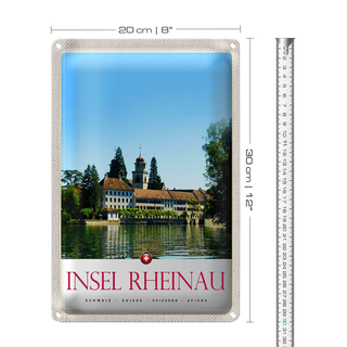 Blechschild Reise 20x30cm Insel Rheinau Schweiz Kirche Urlaub