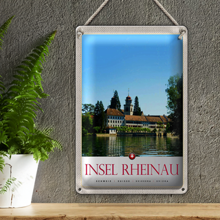 Blechschild Reise 20x30cm Insel Rheinau Schweiz Kirche Urlaub