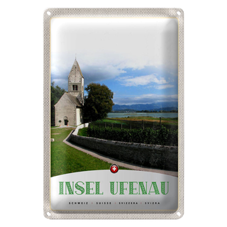 Blechschild Reise 20x30cm Insel Ufenau Schweiz Kirche Wiese See