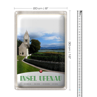 Blechschild Reise 20x30cm Insel Ufenau Schweiz Kirche Wiese See