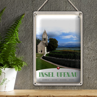 Blechschild Reise 20x30cm Insel Ufenau Schweiz Kirche Wiese See