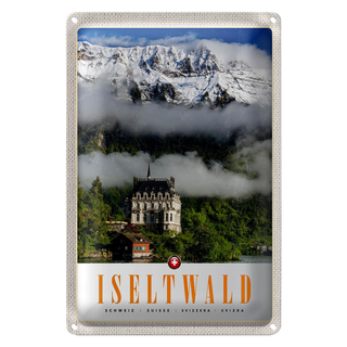 Blechschild Reise 20x30cm Iseltwald Gebirge Schnee Wald Schloss