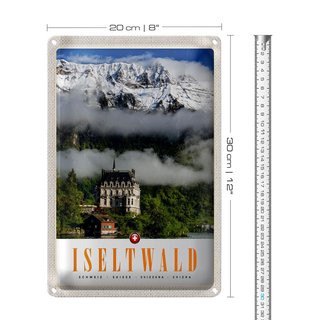 Blechschild Reise 20x30cm Iseltwald Gebirge Schnee Wald Schloss