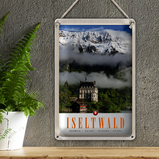 Blechschild Reise 20x30cm Iseltwald Gebirge Schnee Wald Schloss
