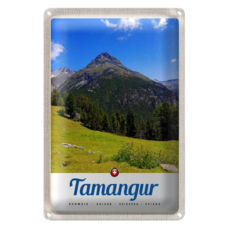 Blechschild Reise 20x30cm Tamangur Schweiz Gebirge Wald Natur