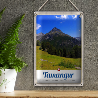 Blechschild Reise 20x30cm Tamangur Schweiz Gebirge Wald Natur