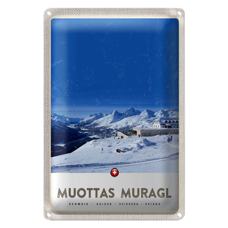 Blechschild Reise 20x30cm Muottas Murgal Schweiz Gebirge Schnee
