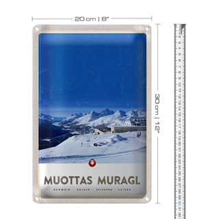 Blechschild Reise 20x30cm Muottas Murgal Schweiz Gebirge Schnee