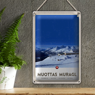 Blechschild Reise 20x30cm Muottas Murgal Schweiz Gebirge Schnee