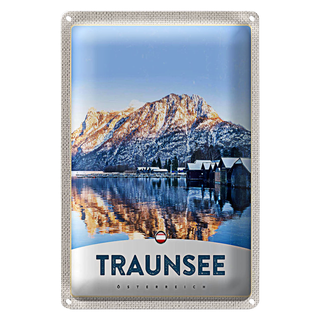 Blechschild Reise 20x30cm Traunsee Östereich Winterzeit Schnee