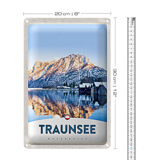 Blechschild Reise 20x30cm Traunsee Östereich Winterzeit Schnee